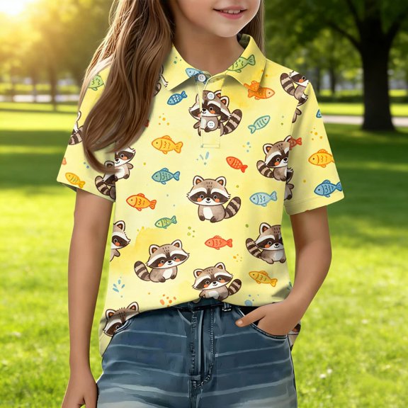 T Shirts for Girls Short Sleeve Henley Cute Cartoon Animal Print Back to School Uniform Button Closure Causal Active Polo Shirts, 150