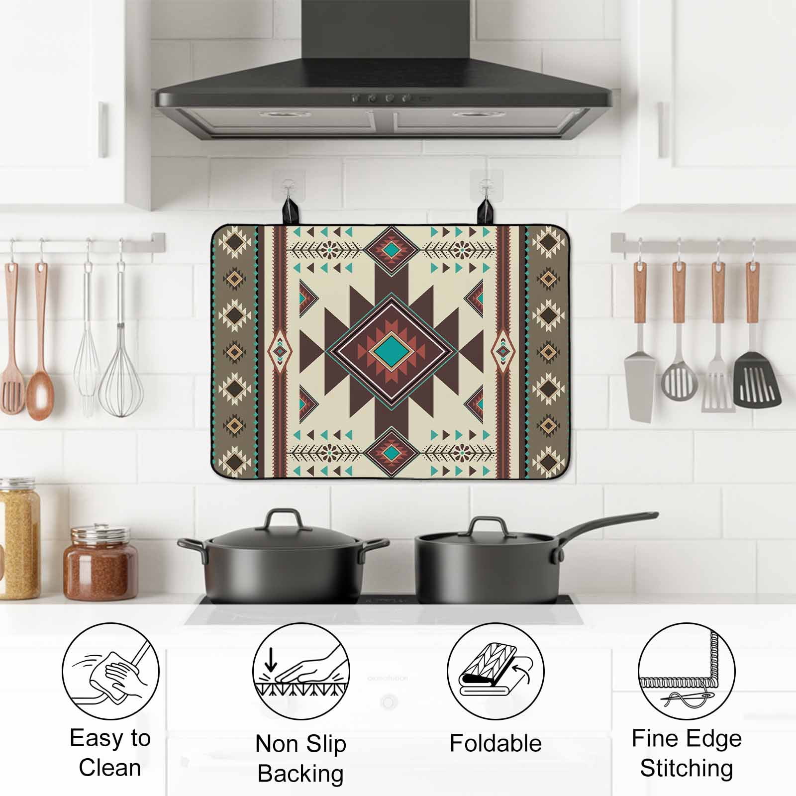 Brown Southwest Stove Top Cover for Electric Stove, Heat-proof & Non Slip Glass Top Stove Cover Protector, Ethnic Boho Tribal Vintage Geometric Kitchen Flat Cooktop Rubber Mat 24x21 Inches
