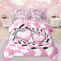 Manfei Cute Heart Print 7-Piece Twin Bedding Sets,Patchwork Plaid Grid Bedding Comforter Set,Pink White Sheet Sets For Girls,Microfiber Bedroom Decor Reversible