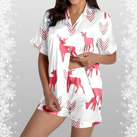 JIANJIA Womens Pajama Sets Christmas Reindeer Print Silk Satin Lapel V Neck Short Sleeve Button Tops With Shorts Sleepwear Nightwear