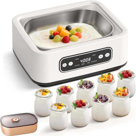 Yogurt Maker, Automatic Yogurt Maker Machine with Constant Temperature Control & Smart Timer, Digital Probiotic Yogurt Machine for Home with 9x100ml/3.4oz Glass Jars & 1.6L Stainless Steel Liner