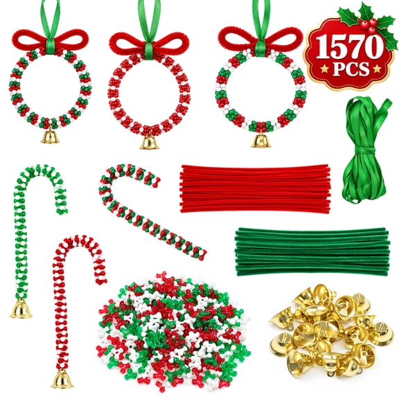 Christmas Beads for Craft Christmas Tri Beads Ornament Kit Christmas Tree Hanging Decor for Xmas Party Wreath 1570 Pcs