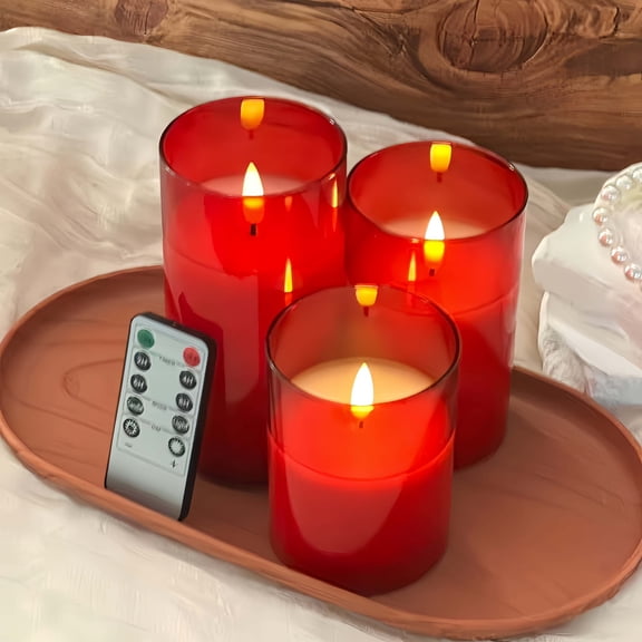 Goyuon Red Flameless LED Pillar Candles 3 Pack with Remote Timer, Dimmable Smokeless Battery Operated, 3"D x 4"/5"/6"H for Home Wedding Christmas Festival Decor