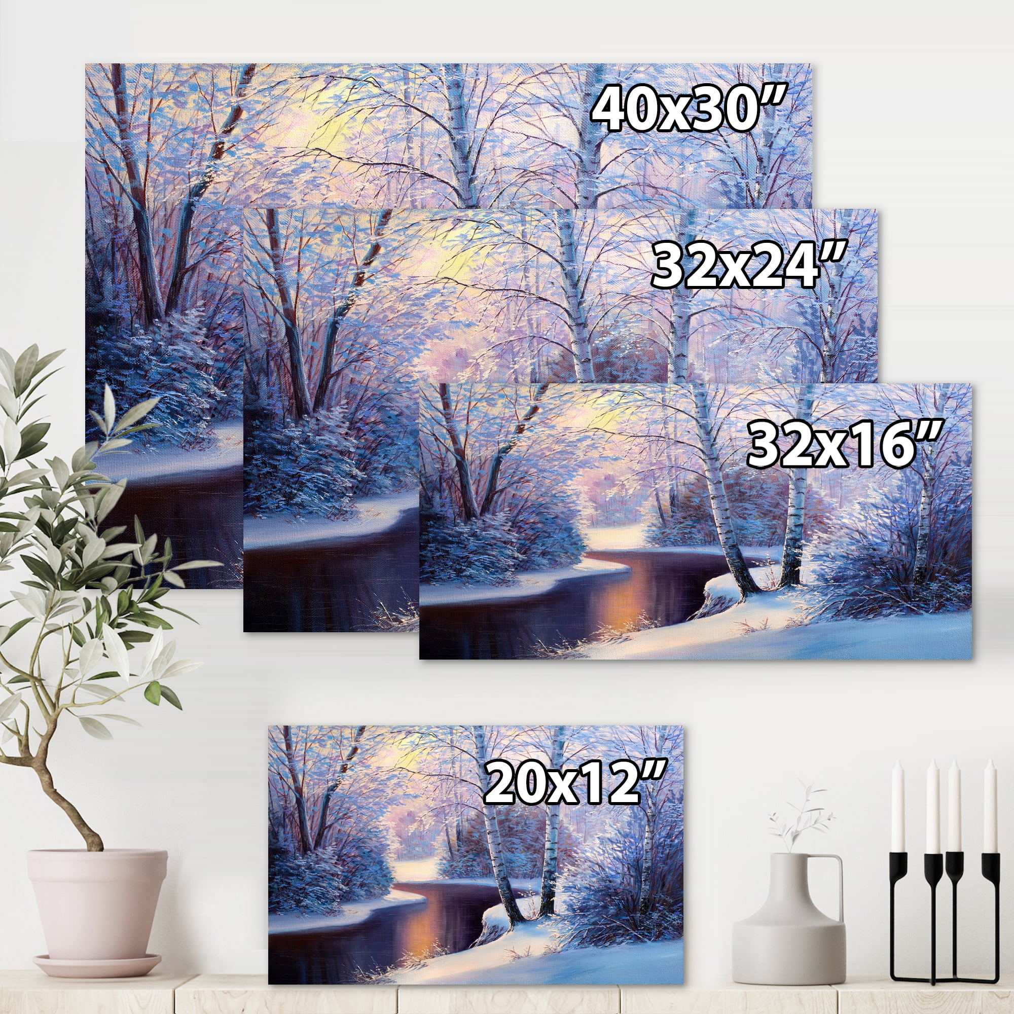 Christmas Forest With Trees and River I 32 in x 24 in Painting Canvas Art Print, by Designart