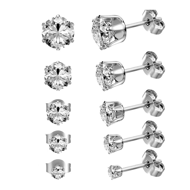 Pendientes de tuerca chapados en oro de 14 quilates con circonita cúbica redonda de diamante de imitación para mujer (5 pares)