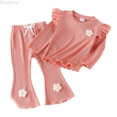 Zecgelong Kids Girl s 2 Piece Flounce Sleeve Top And Leopard Print Flare Leg Pants Children 2PCS Toddler Girls Sets Age 12-18 Months