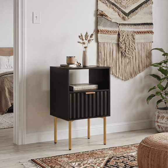 Modern Nightstand with Drawer and Shelf, Large Side End Table for Bedroom and Living Room