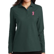 Women's Breast Cancer Awareness Ribbon Long Sleeve Polo Shirt, 2XL Dark Green