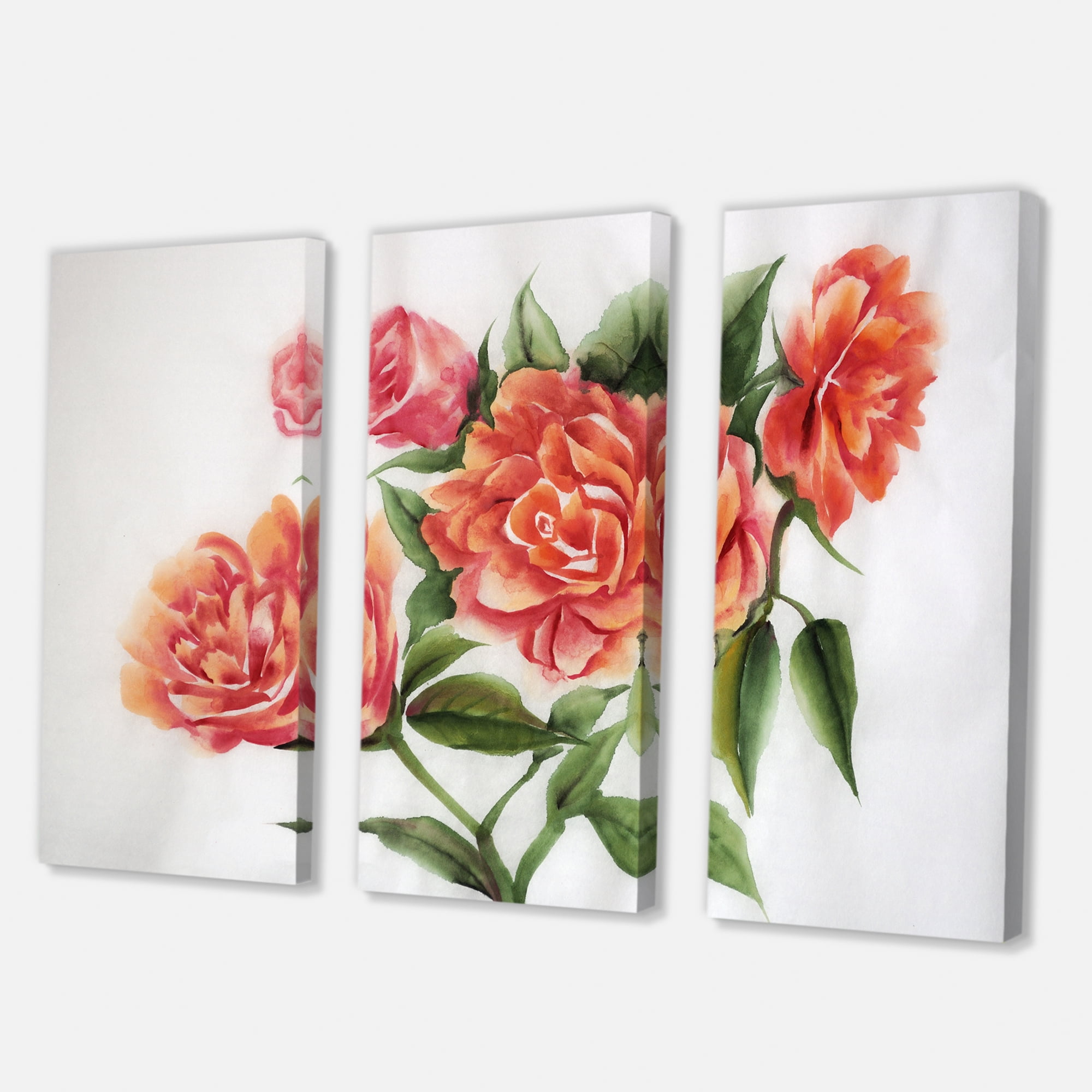 Orange VIntage Roses With Green Leaves 28 in x 36 in Painting Canvas Art Print, by Designart
