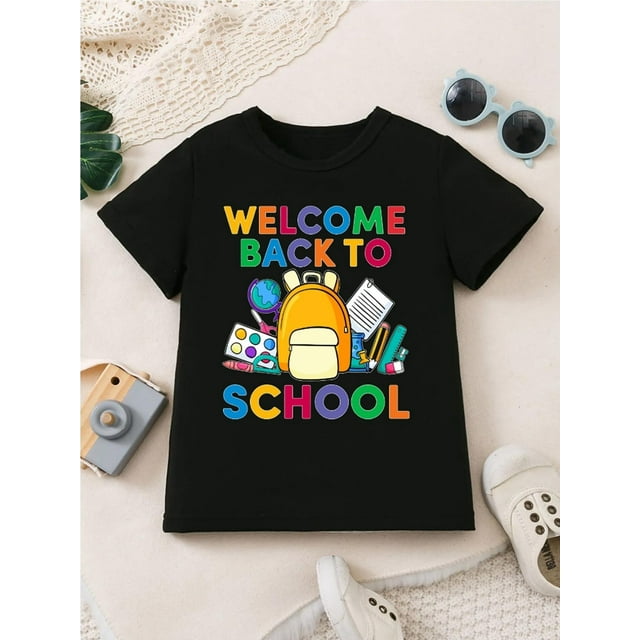 Back to school season boy's T-shirt welcome back to learning Colorful letter printed backpack pencil pattern printed casual versatile round neck short sleeved top
