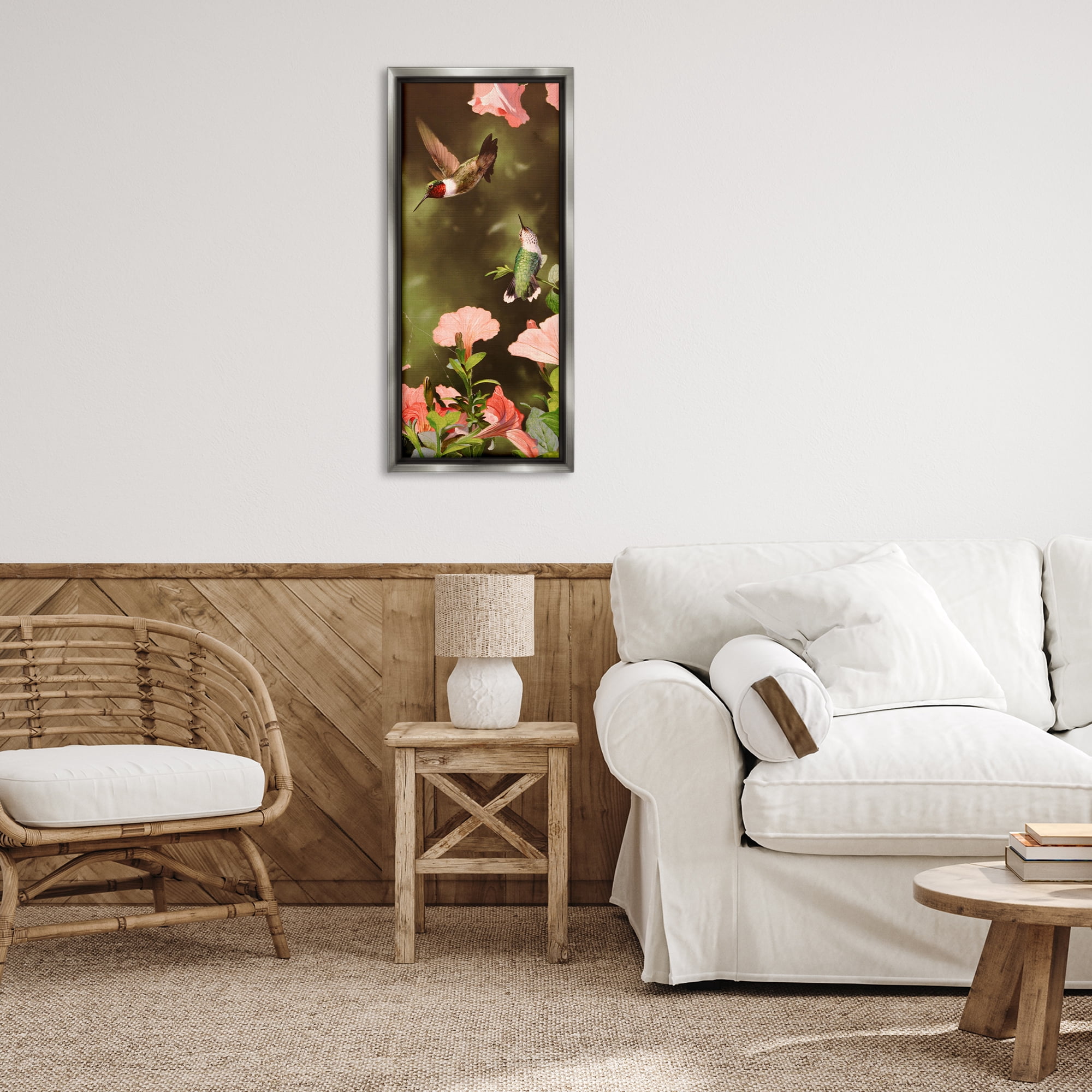Stupell Industries Two Fluttering Hummingbirds Animals Photography Gray Floater Framed Canvas Art Print Wall Art, 14 x 31