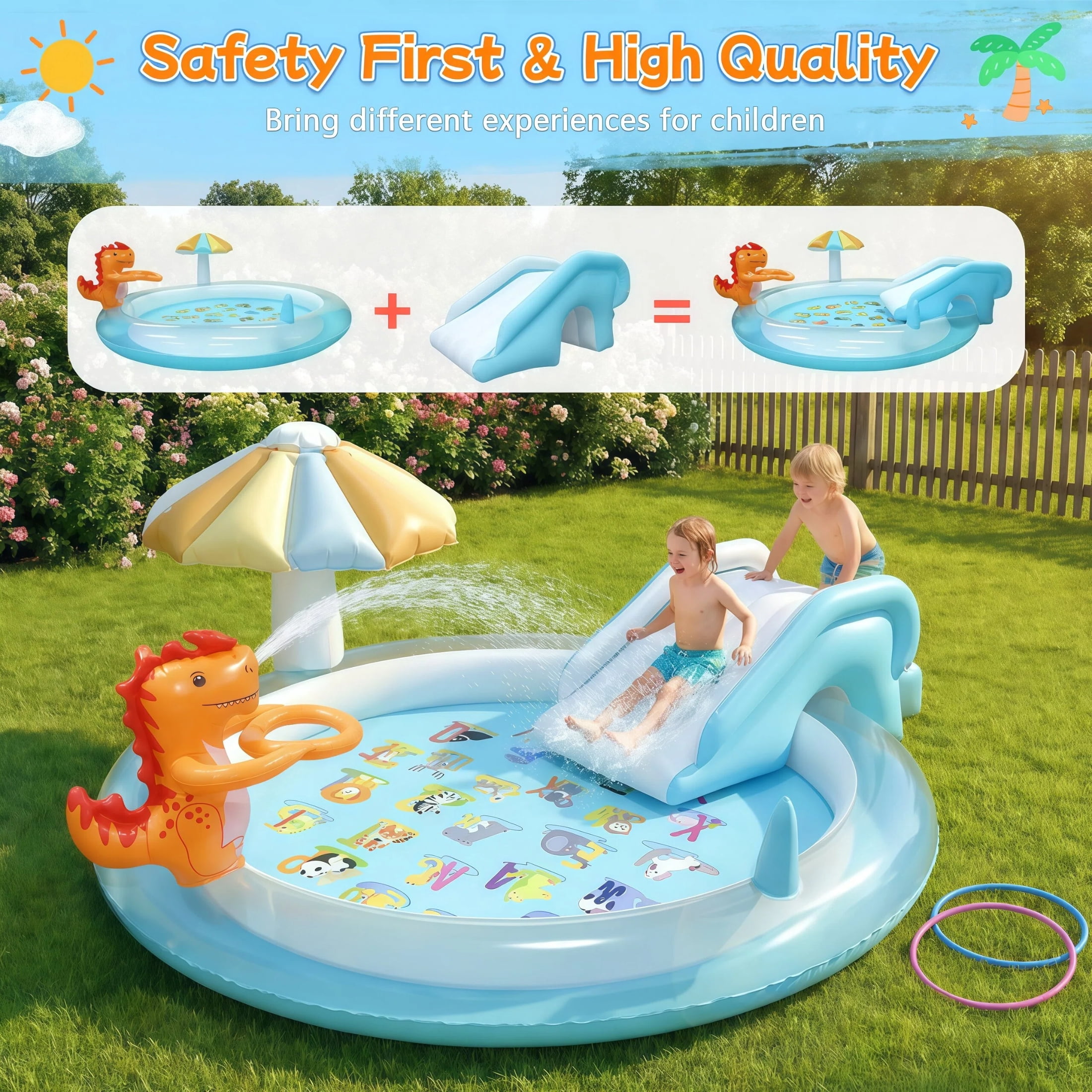 Teblint Dinosaur Inflatable Pool, 75" x 75" x 7.4" Sprinkler Swimming Pool, Spray Kiddie Pool, Play Center Water Toys for Backyard Lawn, Above Ground, Outdoor