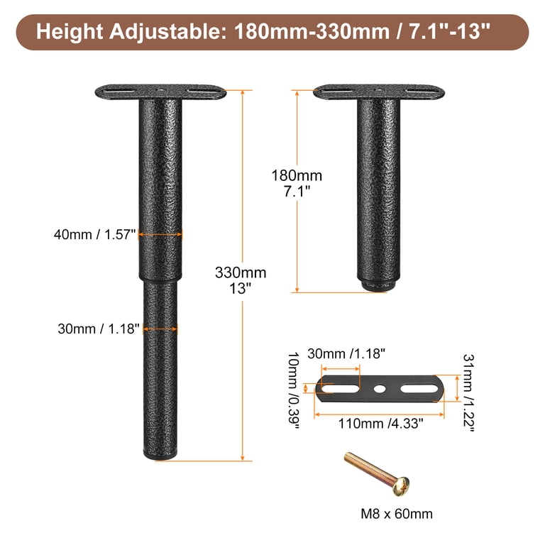 Btowin Adjustable Furniture Legs – 4 Pack Black Metal Support Feet 7-13 Inch Height | Heavy Duty DIY Replacement For Bed Frame, Sofa, Cabinet, Table, Desk