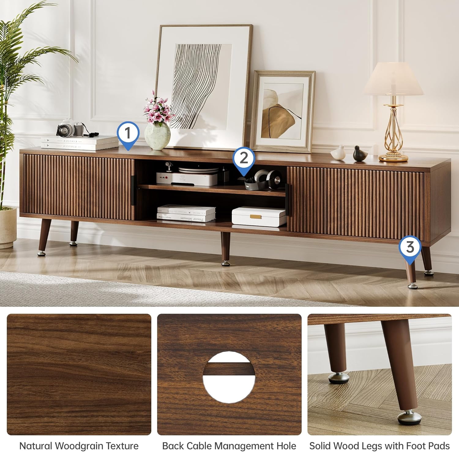 PulseFay Mid Century TV Stand, Modern TV Console for TVs up to 70 Inches, Entertainment Center with Storage, TV and Media Consol, (Walnut)