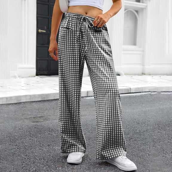 Women's Gingham Striped Pants Wide Leg Elastic Waist Casual Trousers with Drawstring Black L