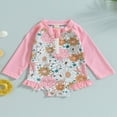 thumbnail image 2 of QJUHUNG Kid Baby Girls One Piece Swimsuit Long Sleeve Zipper Swimwear Ruffle Rashguard Bathing Suits Beachwear, 2 of 8