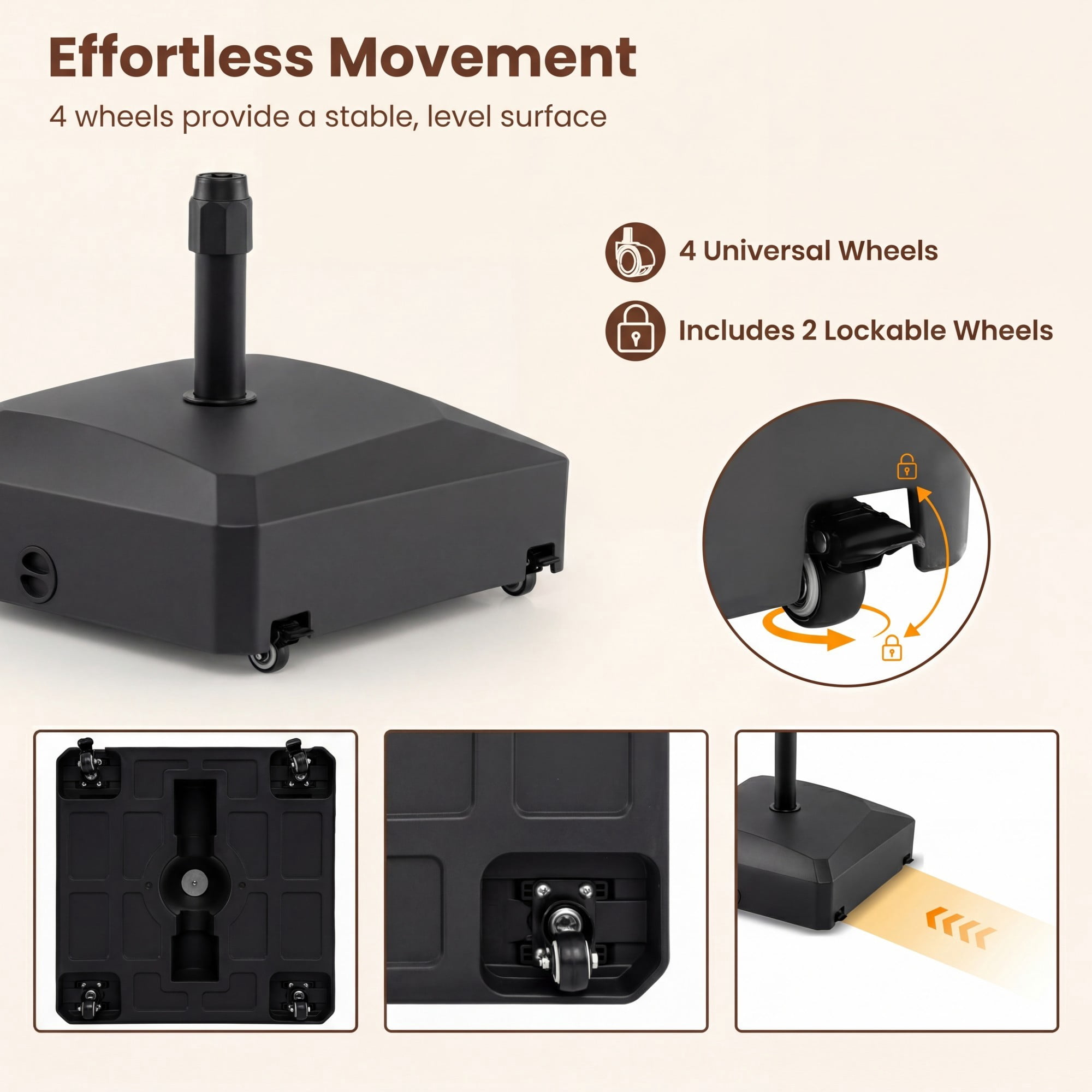 ELLEGNT Fillable Patio Umbrella Base - 176 lbs, 4 Mobile Wheels + 2 Locks, Fits 1.4-1.9" Pole