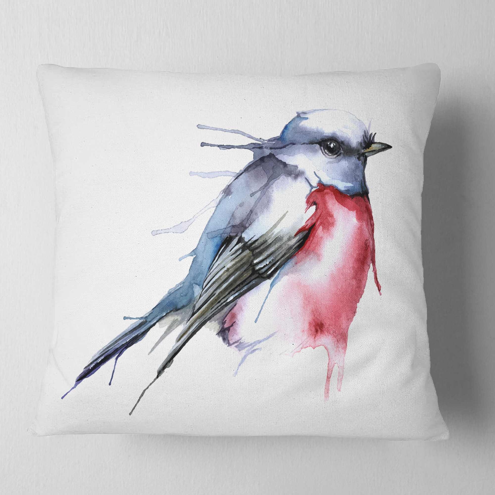 Designart Bird in Blue and Red - Watercolor Animal Throw Pillow - 18x18