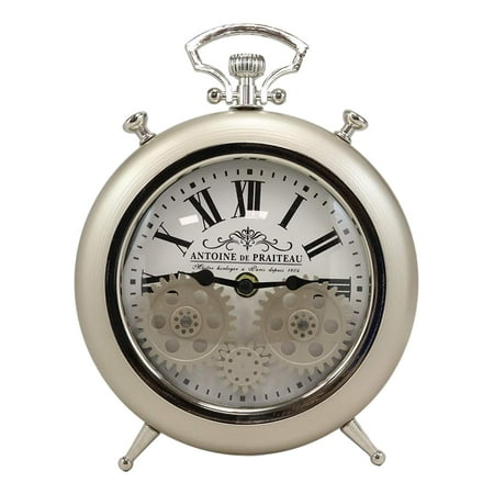 Old Clock Gears Ebros Antoine De Praiteau Steampunk Mechanical Moving Gears Old Fashioned European Vintage Pocket Watch Style Table Clock Victorian Industrial Accent Clockwork Clocks (Brushed Silver Champagne) ()