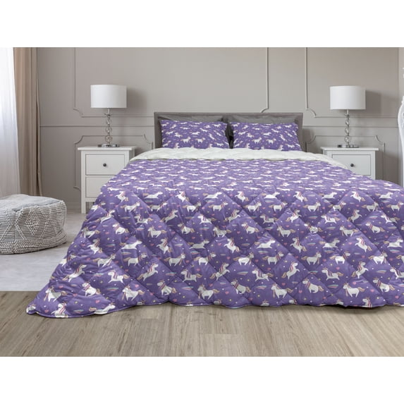 Fantasy World Comforter & Sham Bedding Set, Dreamy Unicorns Pattern with Rainbow Mane, 3 pcs Duvet Set Microfiber Filling Quilt, 5 Sizes, Blue Violet Multicolor, by Ambesonne
