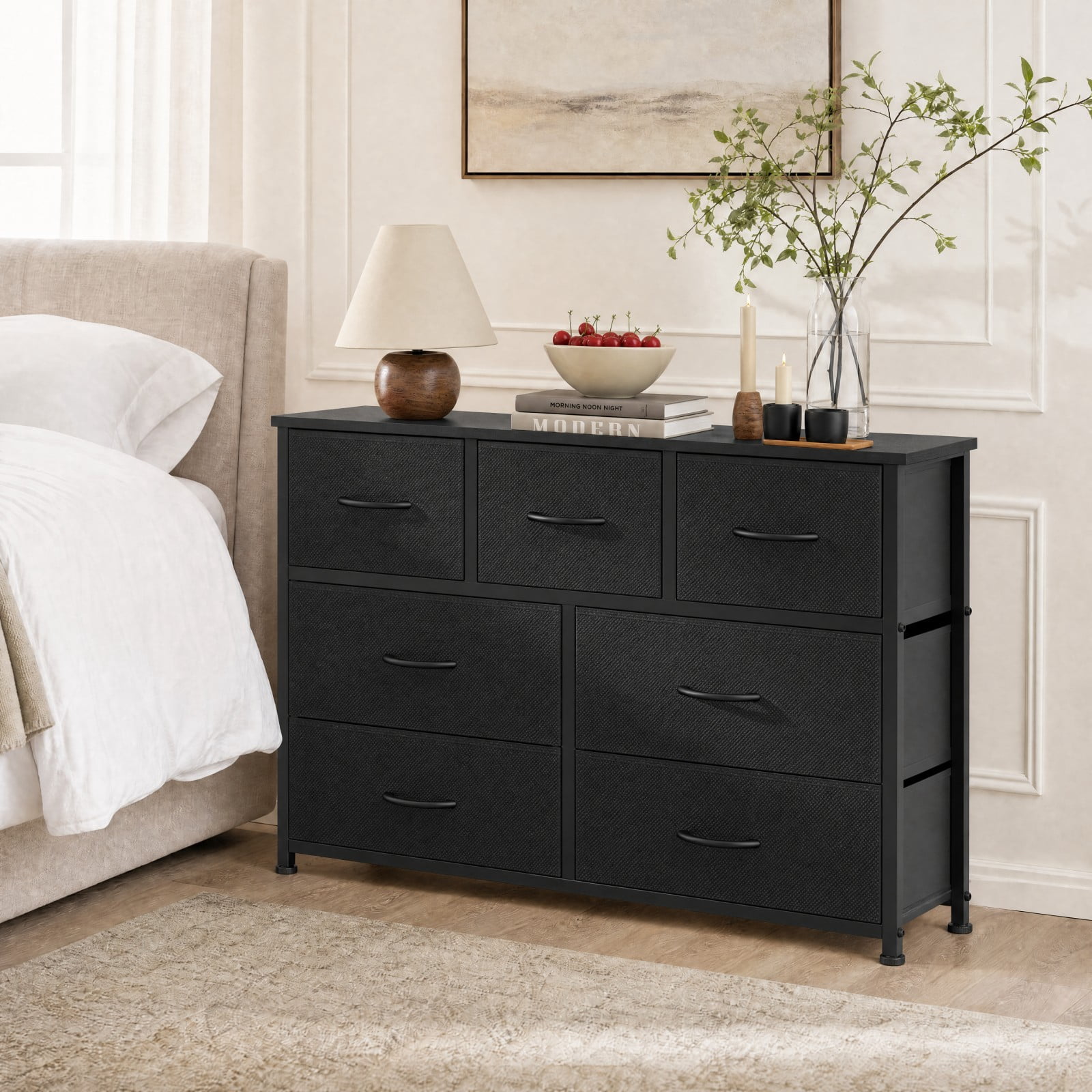 Telyra 7-Drawer Fabric Dresser TV Stand Organizer with Wood Top and Metal Frame Wide Storage Chest, Ink Black