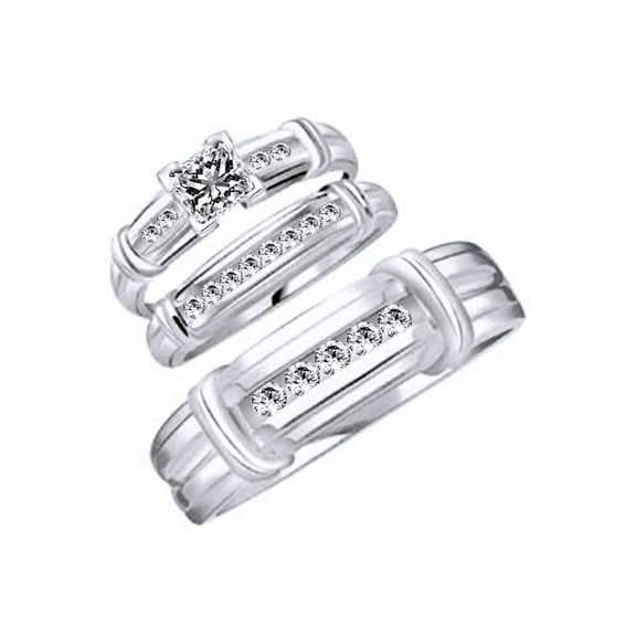 AFFY White Cubic Zirconia Engagement & Wedding Trio Fashion Ring Set In 10k White Gold (0.52 Cttw)