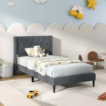 Costway Twin Size Upholstered Platform Bed with Button Tufted Wingback Headboard Grey