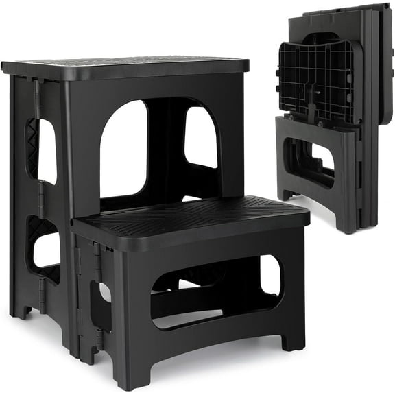 2 Step Folding Stool Non Slip 300 lb Capacity Foldable Step Stool 8 and 17 Inch Dual Height Portable Foot Stool for Kitchen Bathroom Black