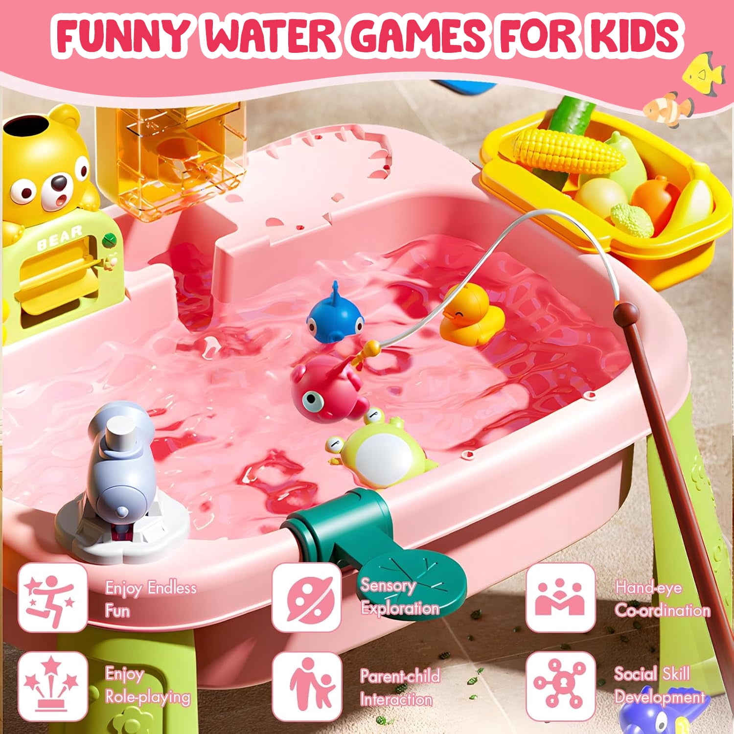 Liegorji Water Table Toys Set, Outdoor Kitchen Toys for Toddlers, Sand Water Table Fishing Games, Birthday Gifts for Age 3 4 5 6 7 8