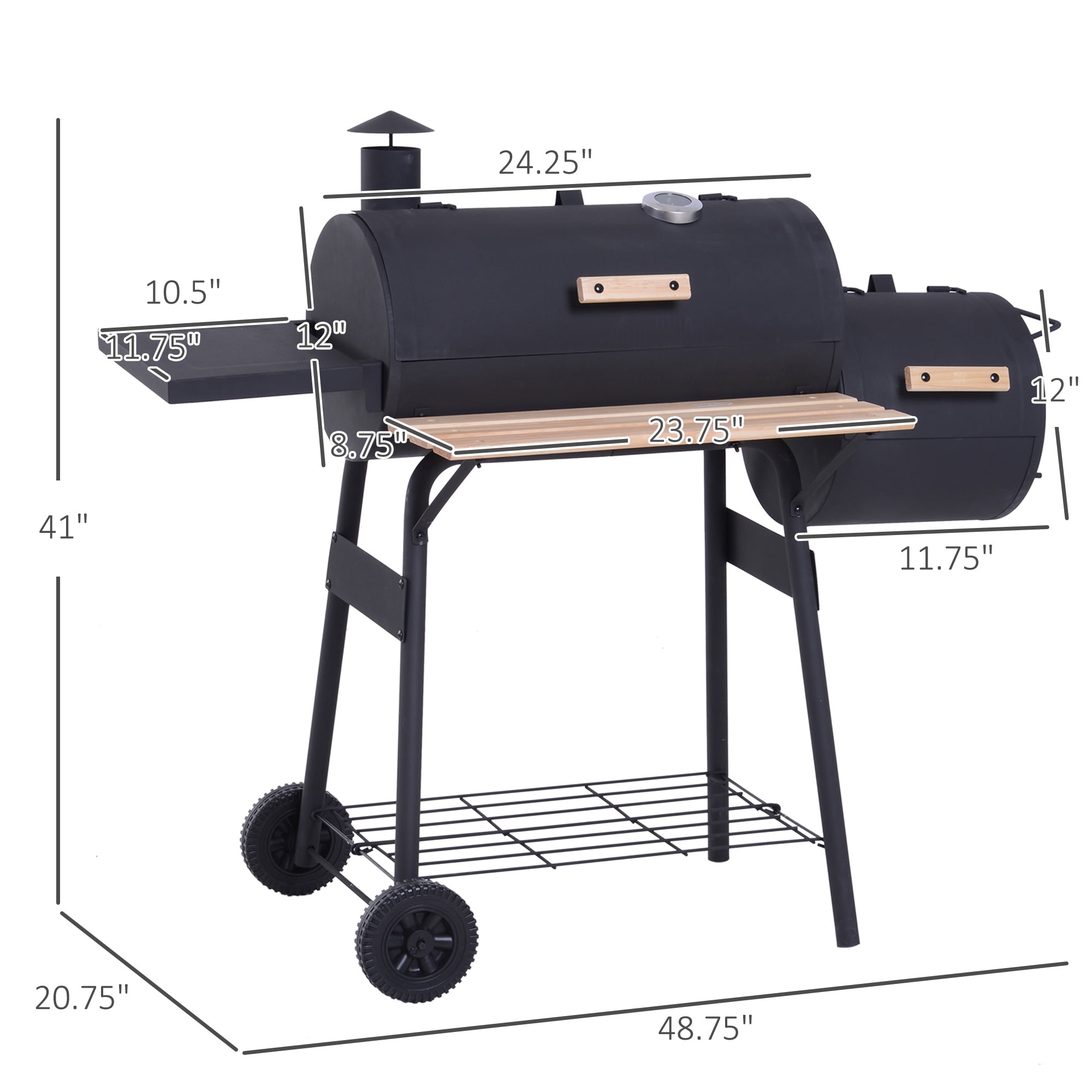 48" Portable Steel Charcoal BBQ Grill & Offset Smoker Combo with Wheels for Backyard