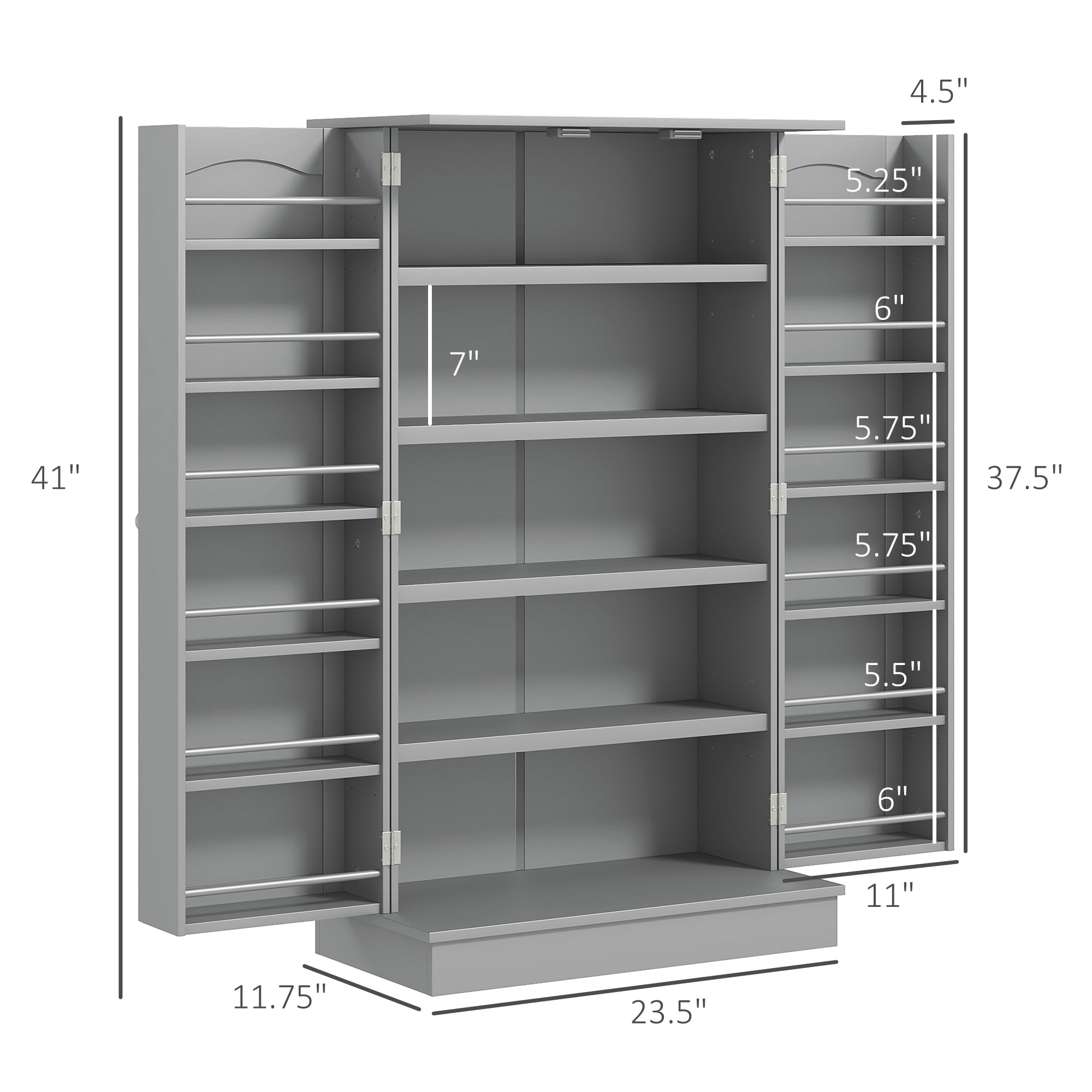 HOMCOM 41" Kitchen Pantry, 2-Door Kitchen Cabinet with 5-tier Storage Shelving, 12 Spice Racks and Adjustable Shelves for Dining Room, Gray