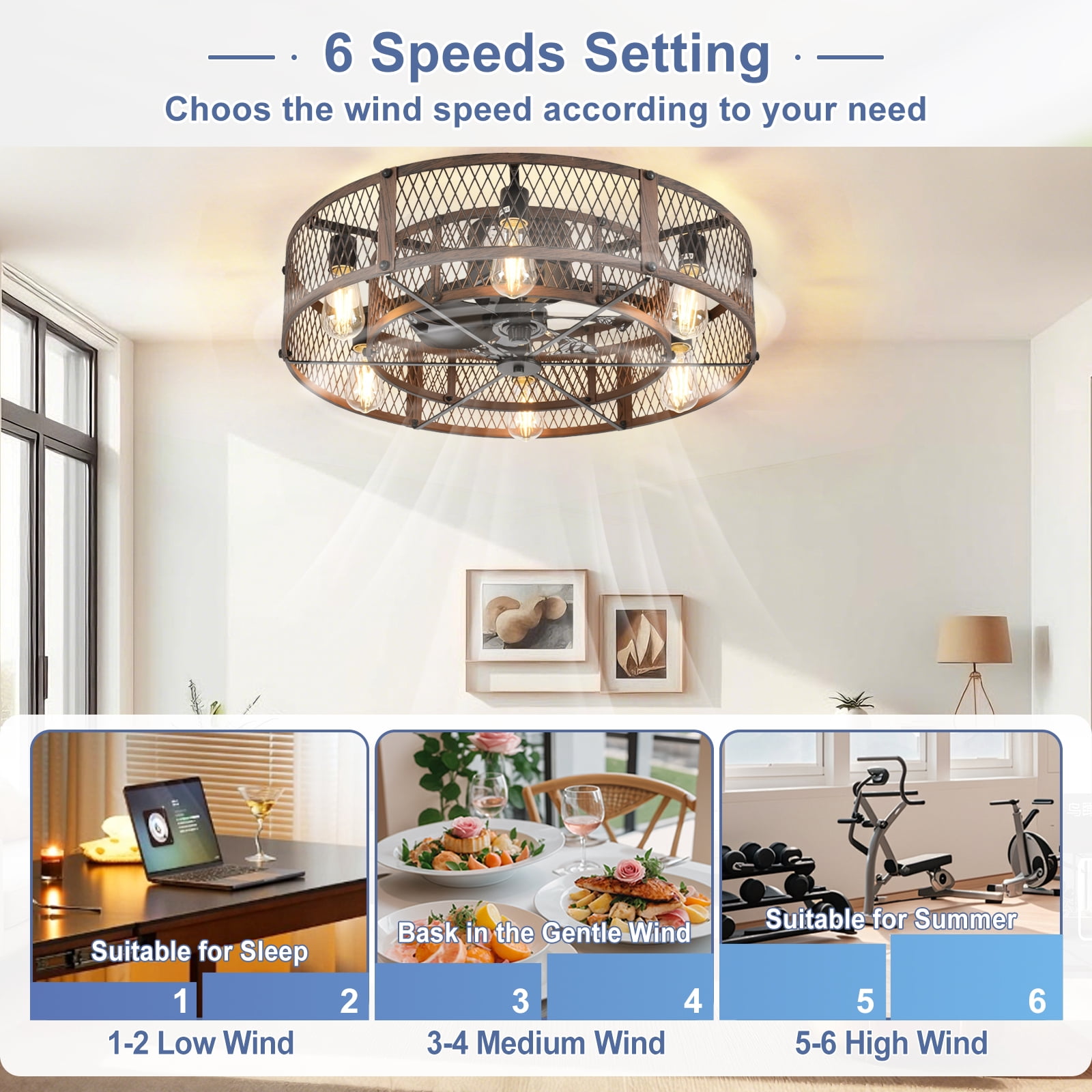 26-Inch Farmhouse Caged Ceiling Fan with Light, Reversible Ceiling Fan with Remote Control Quiet DC Motor 6 Speed Timer E26 Bulbs Not Included Brown