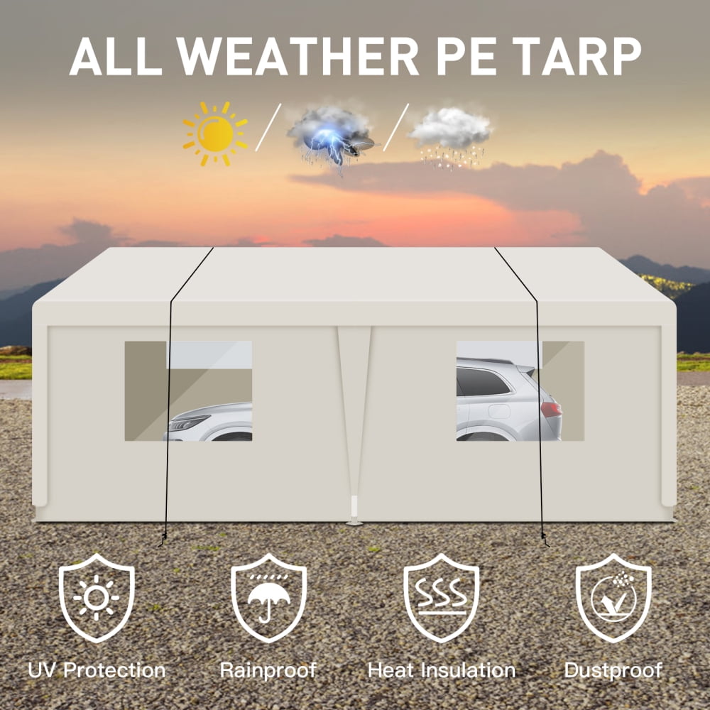 10x30 FT Heavy-Duty Portable Carport Garage Tent with Windows - Ideal Outdoor Storage Shelter in White. Perfect for Protecting Vehicles and Equipment from the Elements!