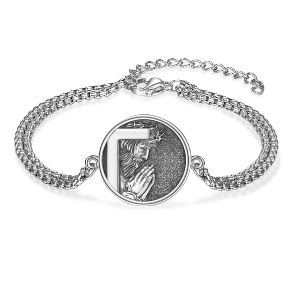 925 Sterling Silver Jesus Bracelet for Men, Religious Christian Prayer Hands Jesus Coin Bracelet, Faith Cross Religious Jewelry Gift for Father Husband Son Baptism Confirmation