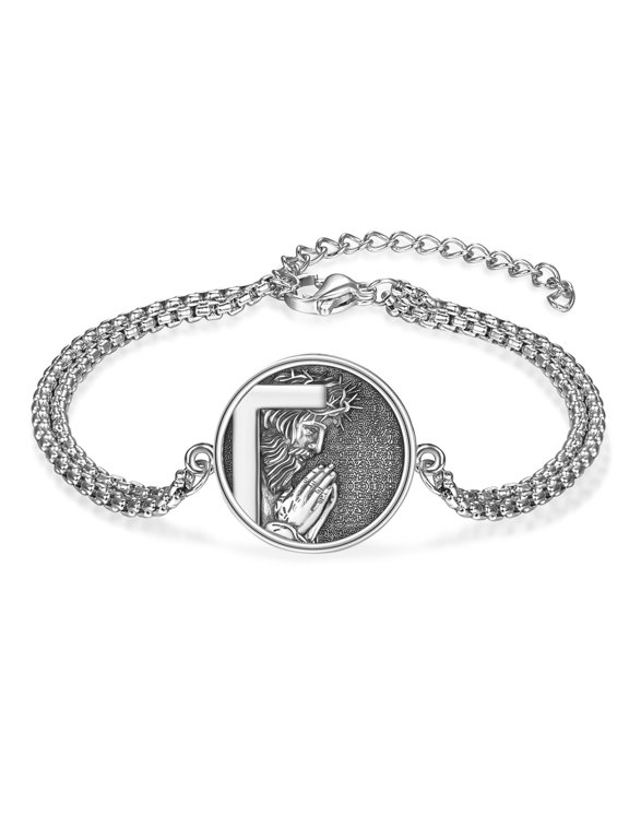 925 Sterling Silver Jesus Bracelet for Men, Religious Christian Prayer Hands Jesus Coin Bracelet, Faith Cross Religious Jewelry Gift for Father Husband Son Baptism Confirmation