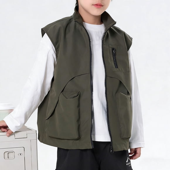 EGNMCR Sleeveless Hoodless Casual Outwear & Jackets Children's Solid Color Sleeveless Warm Coat Fleece Jacket Medium To Large Youth Sweatproof Coat Kids polyester Blouse