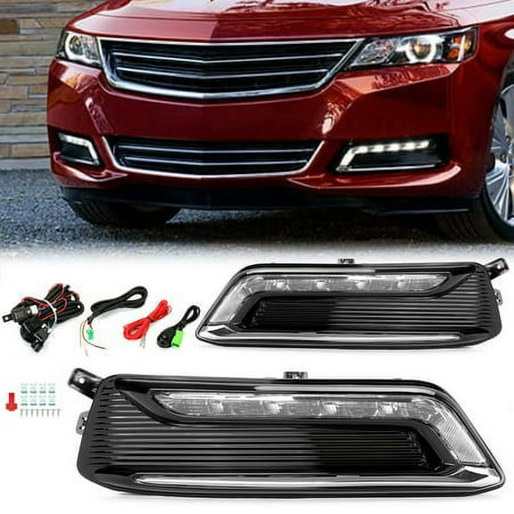 Kojem LED DRL Fog Light Lamp w/Fog Light Bezel Driving Lights Wiring Kit & Switch Pair Compatible with 2014-2020 Chevrolet Impala (Clear Lens)