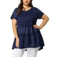 thumbnail image 1 of GRACE & GRANDEUR Tunique pour Femme Grande Taille à Volants en Dentelle, Col Rond, Manches Courtes, Hauts Péplum 2X Bleu Marine, 1 of 6