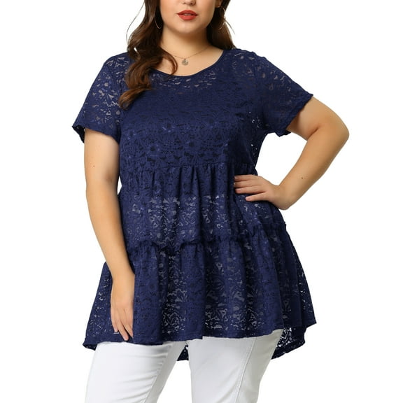 Agnes Orinda Women's Plus Size Tunic Tiered Lace Round Neck Short Sleeve Peplum Tops 1X Navy