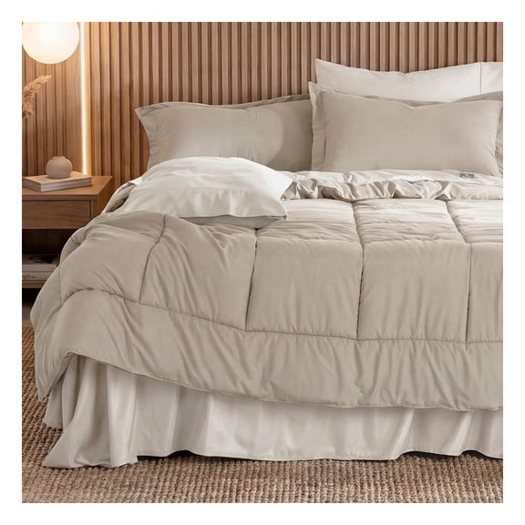 Set Edredón King Size + Funda De Almohada + Sábanas 7 Pzas Real Textil Khaki - Beige