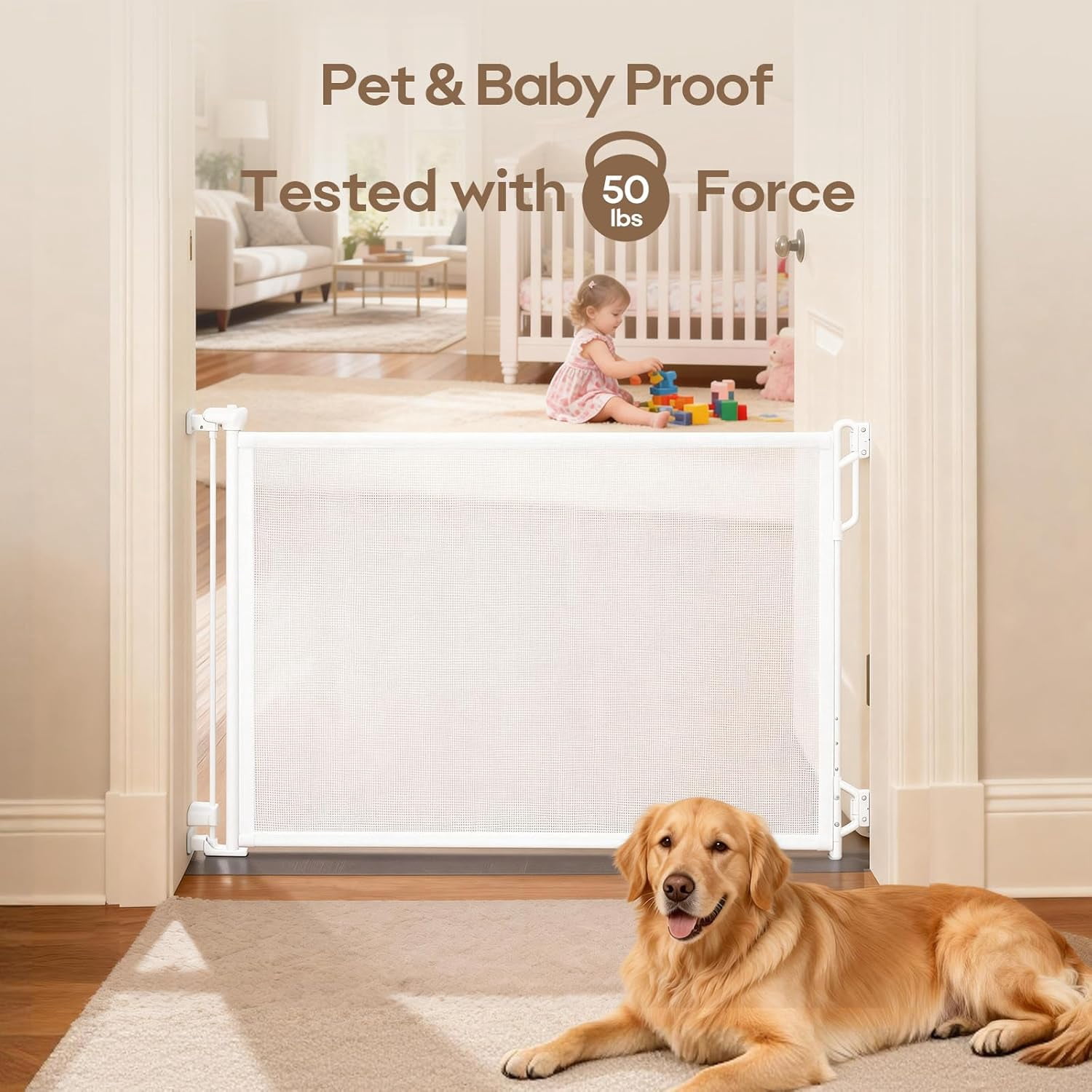 Retractable Safety Baby Gate or Mesh Dog Gate,Durable Portable Mesh Retractable Gate,Easy to Use for Stairs, Doorways, Hallways, Indoor, Outdoor, 33.5" Tall, Up to 55" Wide, Cream