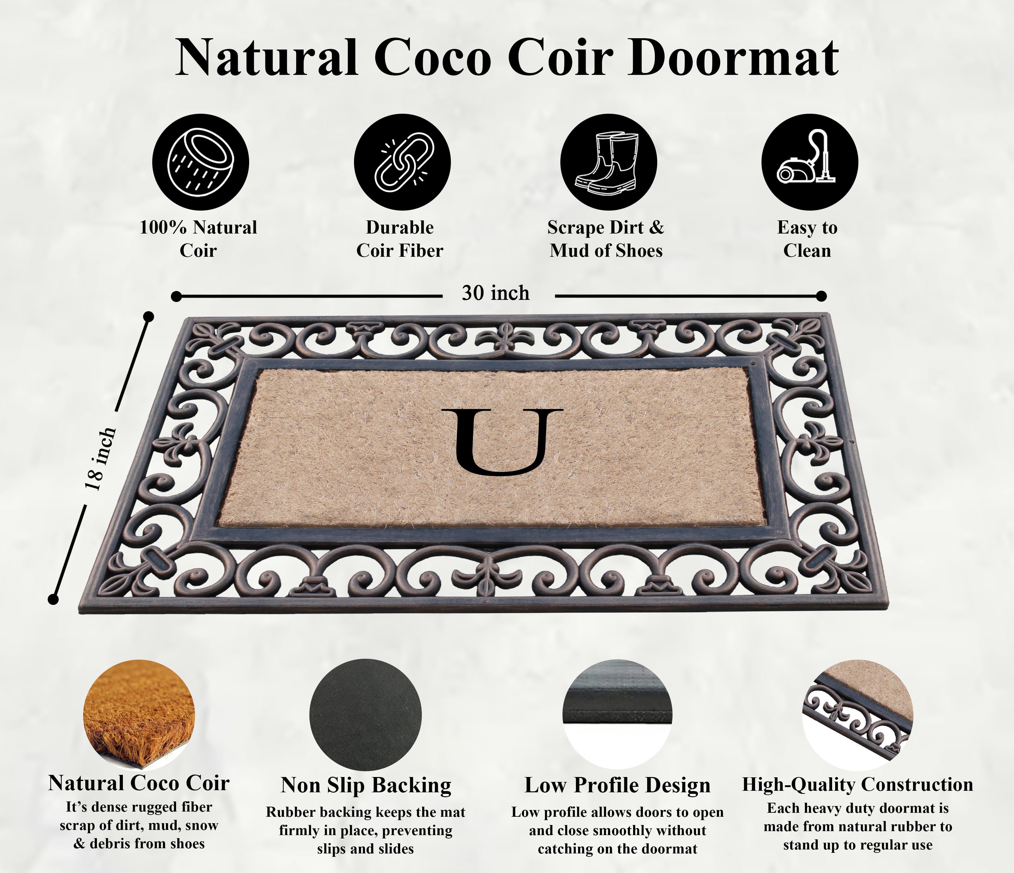 A1HC First Impression Classic Paisley Border Bronze 18 in. x 30 in. Rubber and Coir Monogrammed U Door Mat