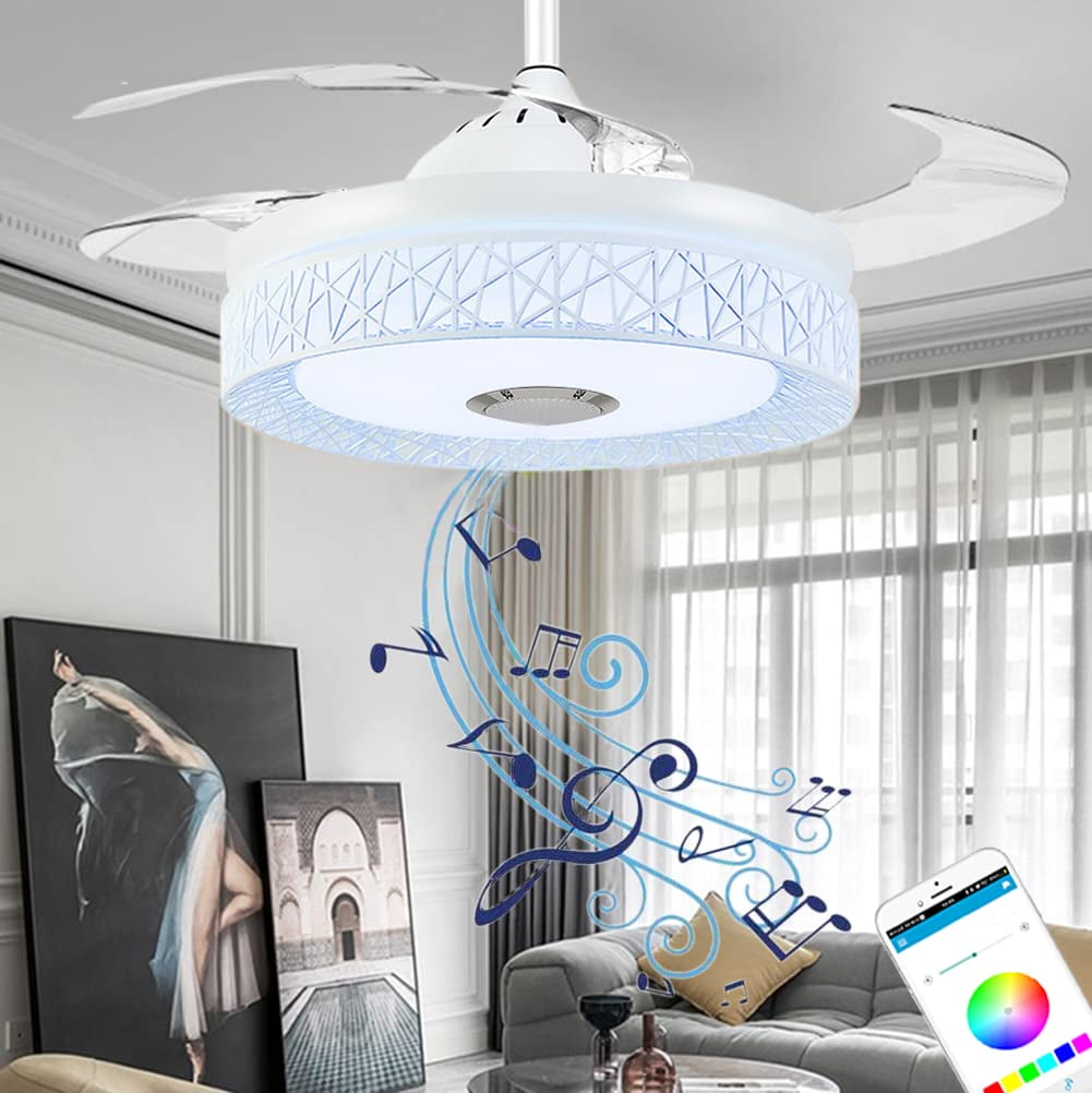 AFANQI 42" Bluetooth Speaker Ceiling Fan with Light,Modern Remote Control Chandelier with Fan Invisible Blades Fandelier for Room Bedroom 3 Color 3 Speed White Finish - Walmart.com