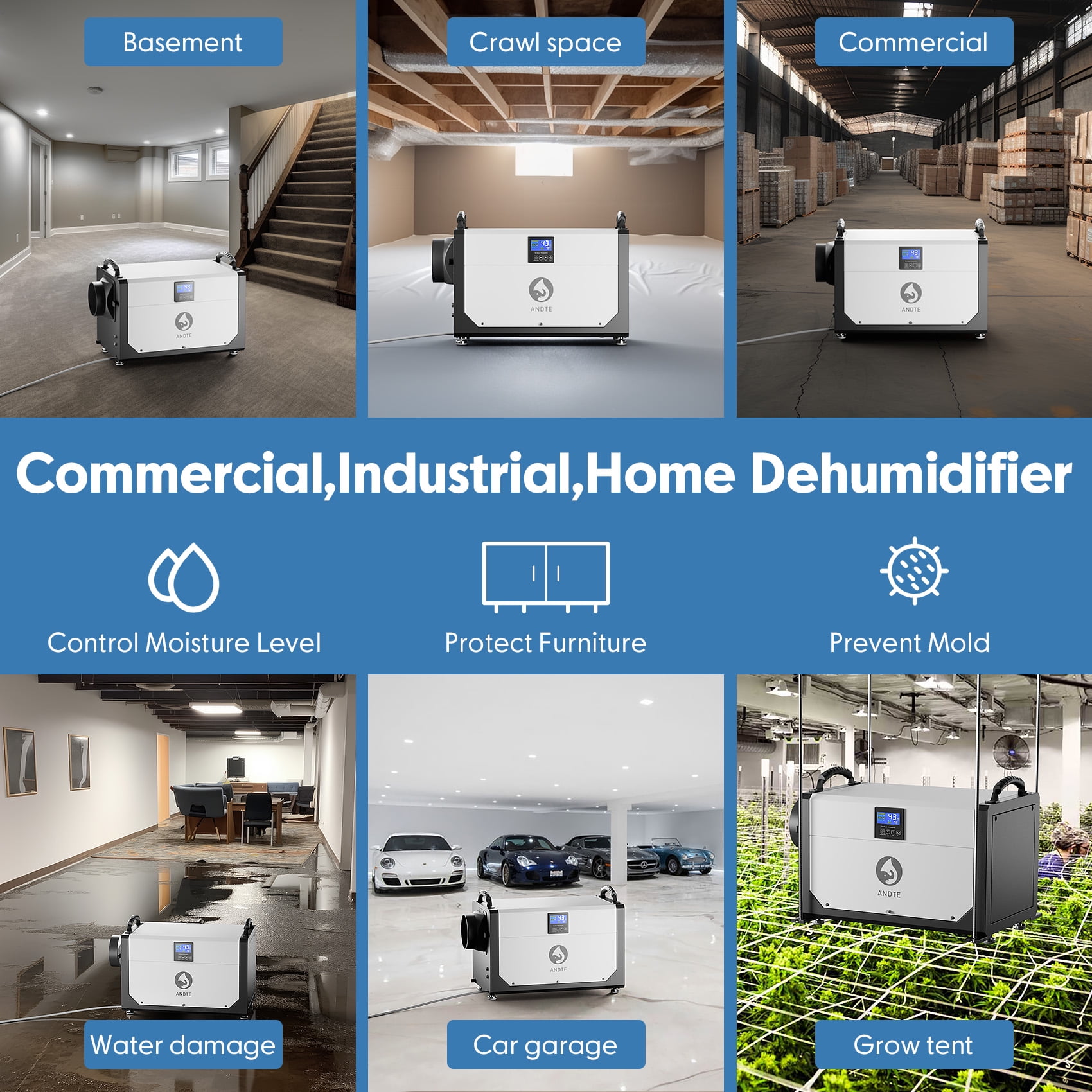 ANDTE 145 Pints Commercial Dehumidifier with Remote Control, Covers up to 2,800 sq. ft, Compact Dehumidifier for Crawl Spaces and Basements