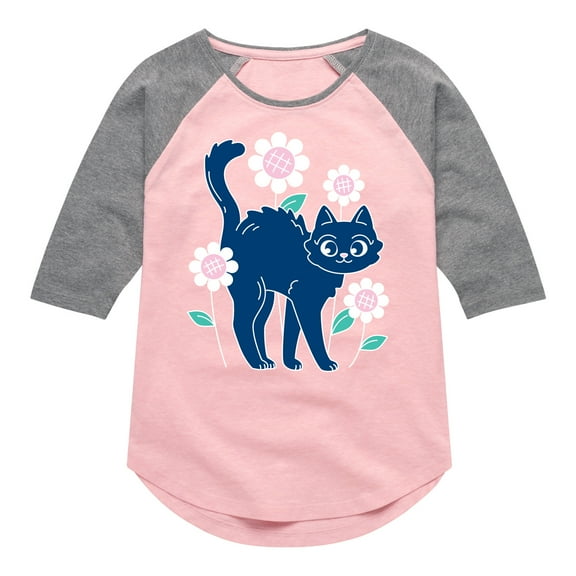 Instant Message - Cat And Flowers - Toddler And Youth Girls Raglan Graphic T-Shirt