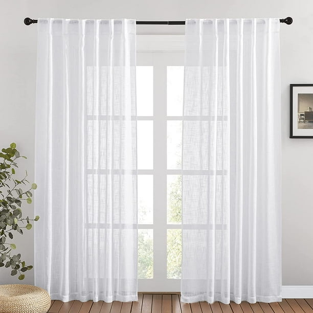 Sheer Linen Curtains White Voiles For Living Room 95 Inch Length Window Ds Natural Home Decor Elegant Rod Pocket Faux Patio 52 X 2 Pcs Com Sheer Linen Curtains White Voiles For, 95 In Curtains White