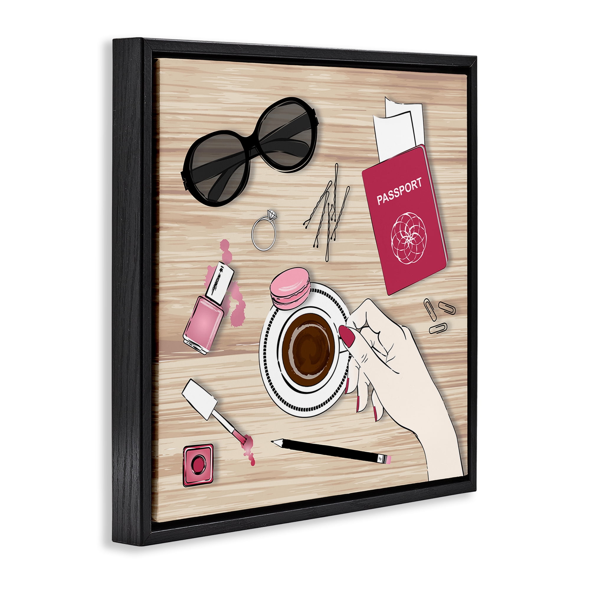 Stupell Industries On My Desk View Beauty & Fashion Painting Black Floater Framed Art Print Wall Art, 18 x 18