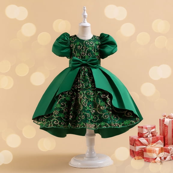 NAISIBABY Girls Princess Dress, Elegant Wedding Birthday Dress Bubble Sleeve Cute Mesh Bow Prom Maxi Dress Green 120