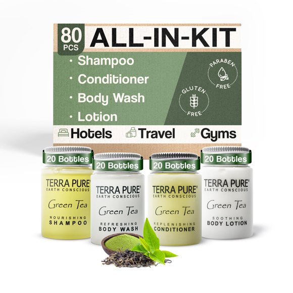 Juego de artículos de tocador Terra Pure Green Tea | Kit de amenidades para 1 tienda | Loción de lavado corporal de champú y acondicionador de 1 oz | Tamaño de viaje | 80 piezas