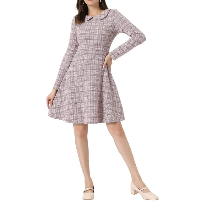 Vestido vintage de tweed rosa con cuello Peter Pan y mangas largas de cuadrícula a rayas para mujeres Inspire Chic